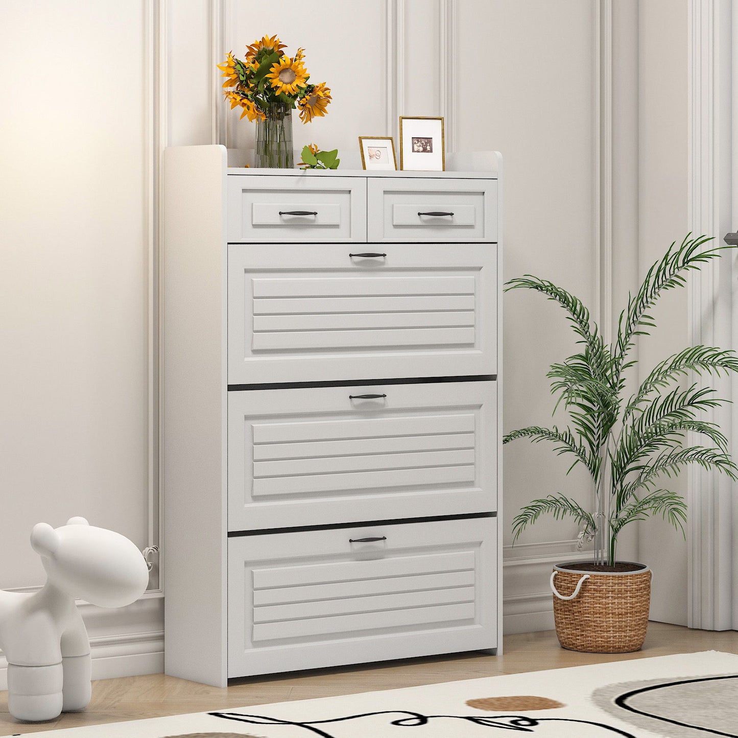 Shoe Cabinet With 3 Doors 2 Drawers, PVC Door With Shape, Large Space For Storage