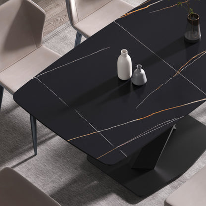 70.87" Modern Artificial Stone Black Curved Black Metal Leg Dining Table, Can Accommodate 6-8 People - Black