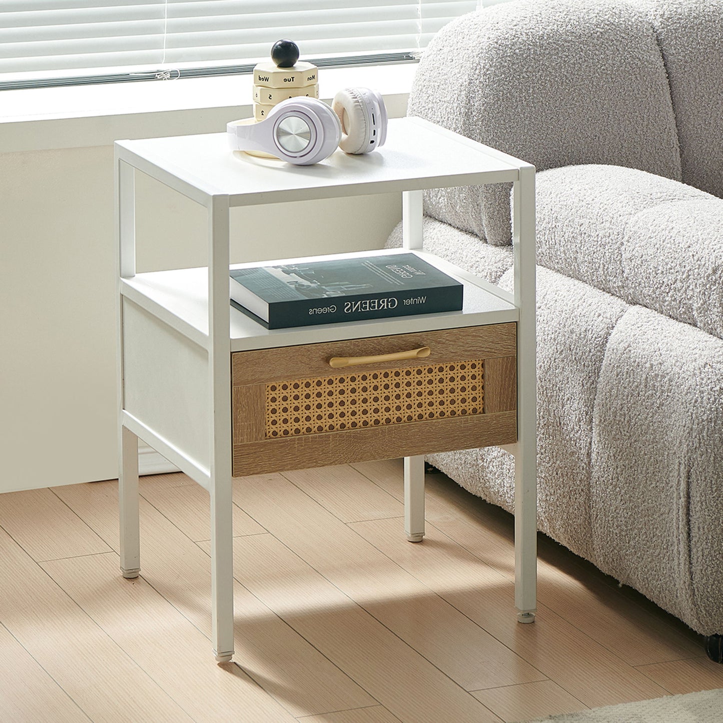 Rattan End Table With Drawer, Modern Nightstand, Metal Legs, Side Table For Living Room, Bedroom