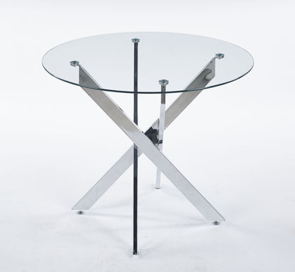 Dining Table With Cross Metal Leg And Tempered Glass, Modern Space Saving Kitchen Table For Living Room