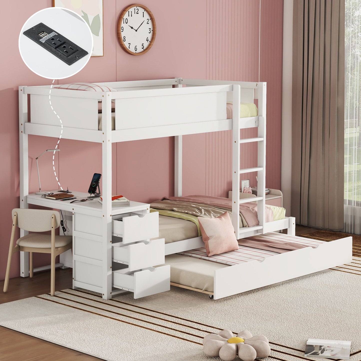 Bunk Bed With Twin Size Trundle, Storage And Desk