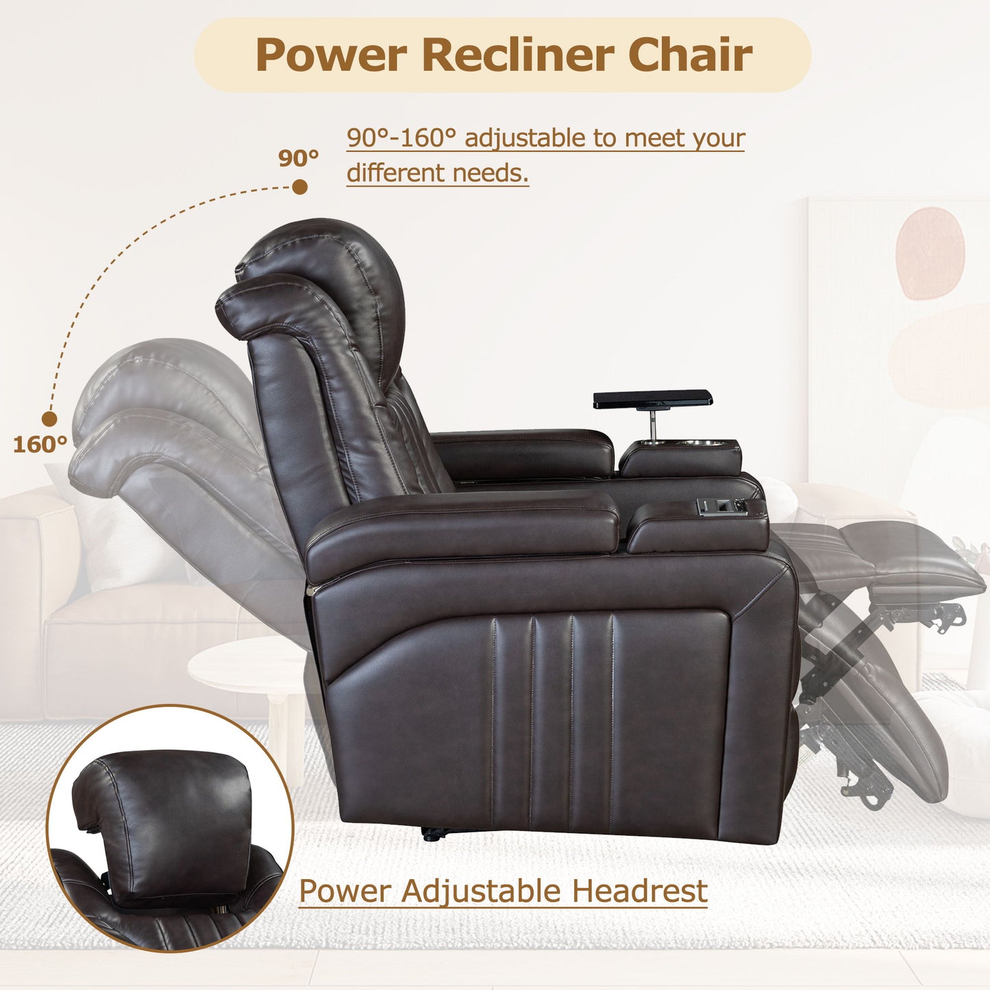 Power Recliner Home Theater Recliner With Power Adjustable Headrest, Wireless Charging Device, USB Port, Storage Arms, Cup Holder And Swivel Tray Table For Living Room