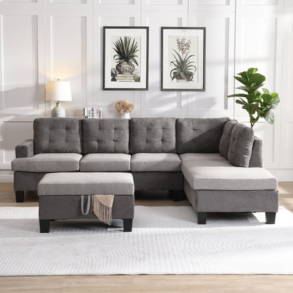 Sofa Set For Living Room With Chaise Lounge And Storage Ottoman, Living Room Furniture - Gray