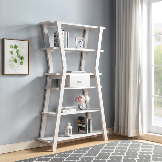 Modern Home Display Cabinet 4 Tier Open Shelving With Center Drawer - White Oak