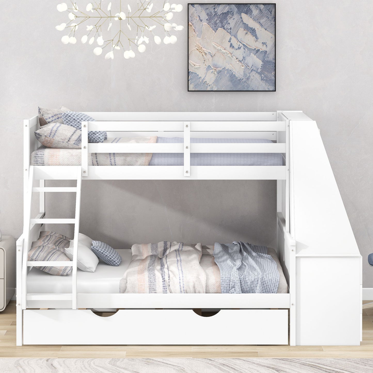 Twin Over Full Bunk Bed With Trundle And Built-In Desk, Three Storage Drawers And Shelf - White