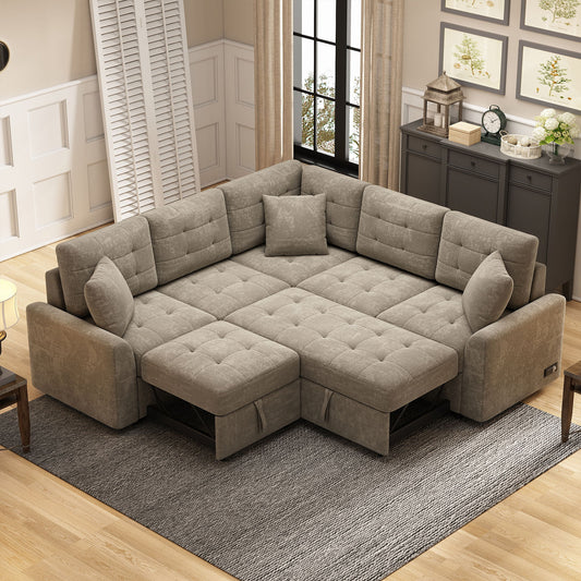 L-Shape Sofa Bed Pull-Out Sleeper Sofa With Wheels, USB Ports, Power Sockets For Living Room