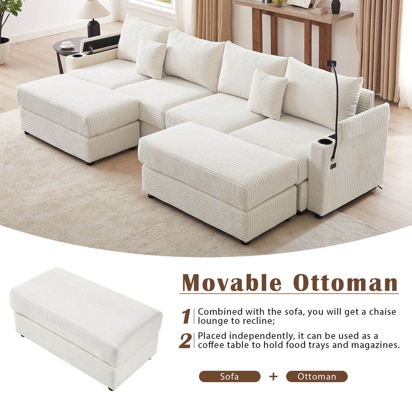 Modern Style Loveseat Sofa Sectional Sofa Couch With Storage Space, A Movable Ottoman, Two USB Ports, Two Cup Holders, A Phone Holder For Living Room