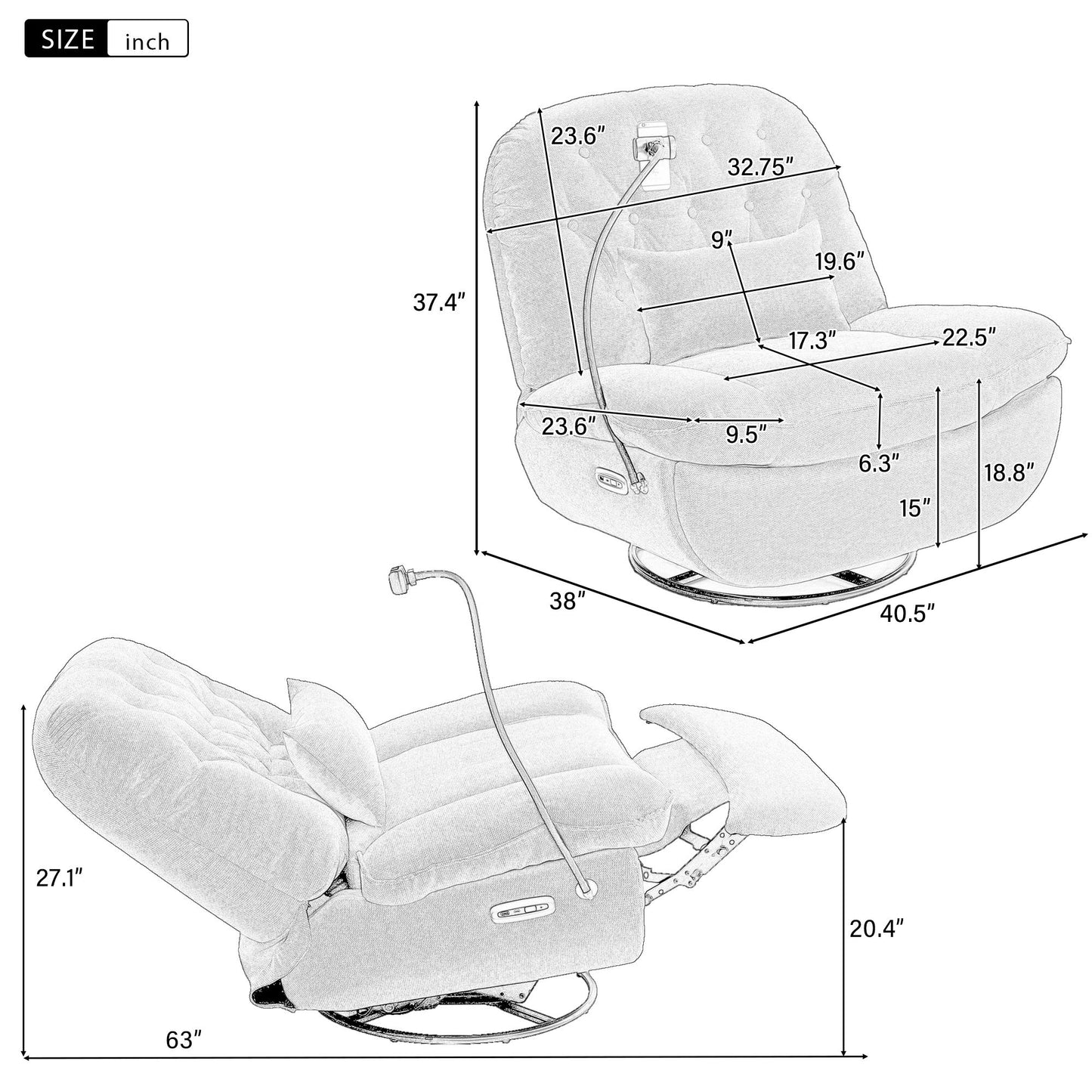 270° Swivel Power Recliner With Voice Control - Bluetooth Music Player, USB Ports, Atmosphere Lamp, Hidden Arm Storage And Mobile Phone Holder For Living Room, Bedroom, Apartment