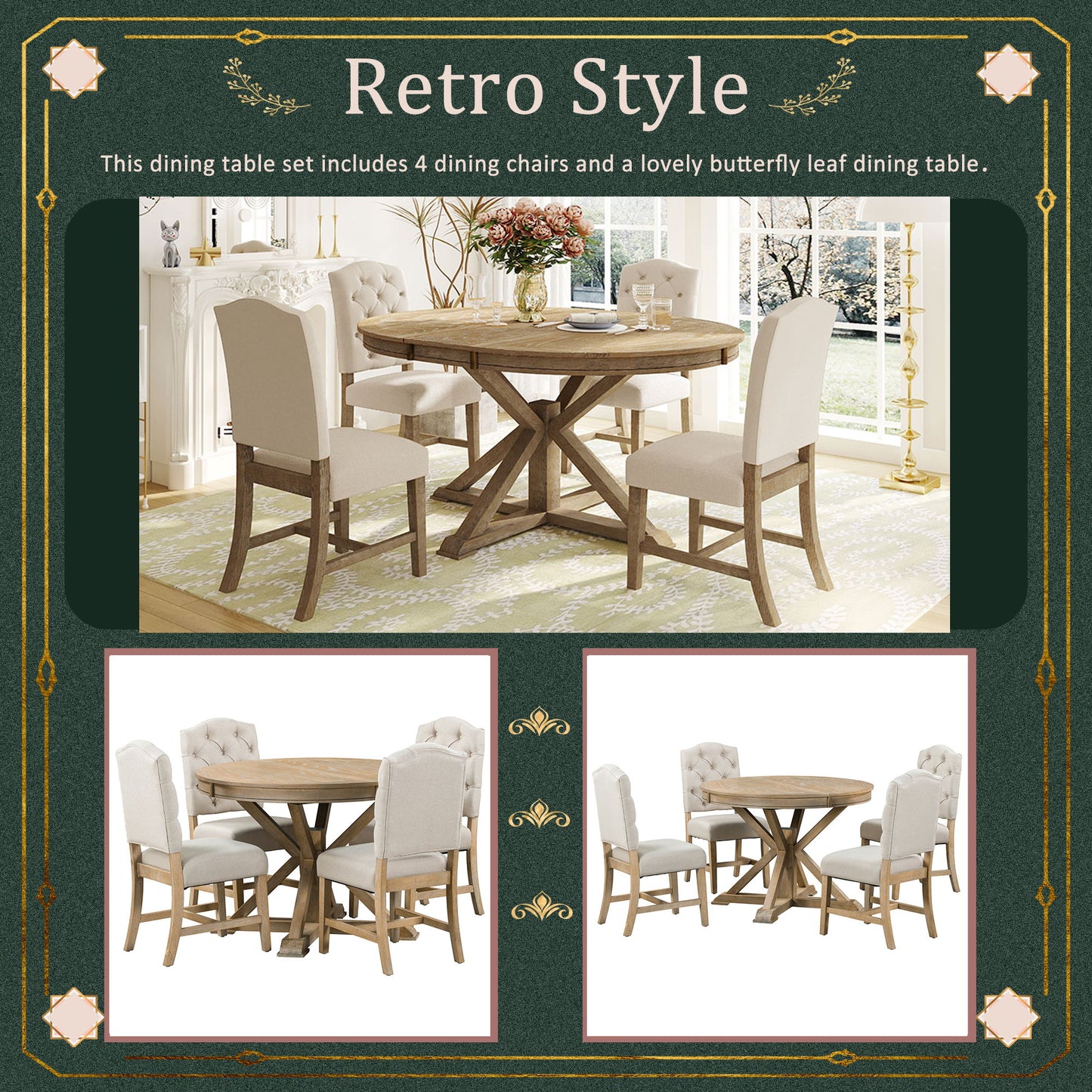 Functional Furniture Retro Style Dining Table Set With Extendable Table And 4 Upholstered Chairs For Dining Room And Living Room