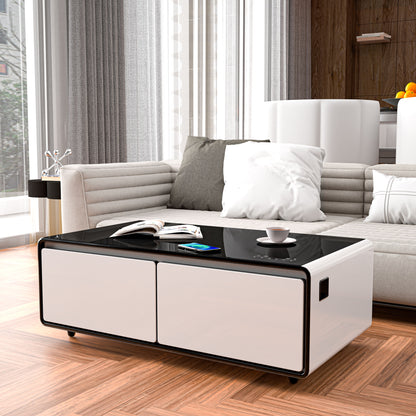 Modern Smart Coffee Table With Built-In Fridge, Bluetooth Speaker, Wireless Charging Module, Touch Control Panel, Power Socket, USB Interface, Outlet Protection, Atmosphere Light