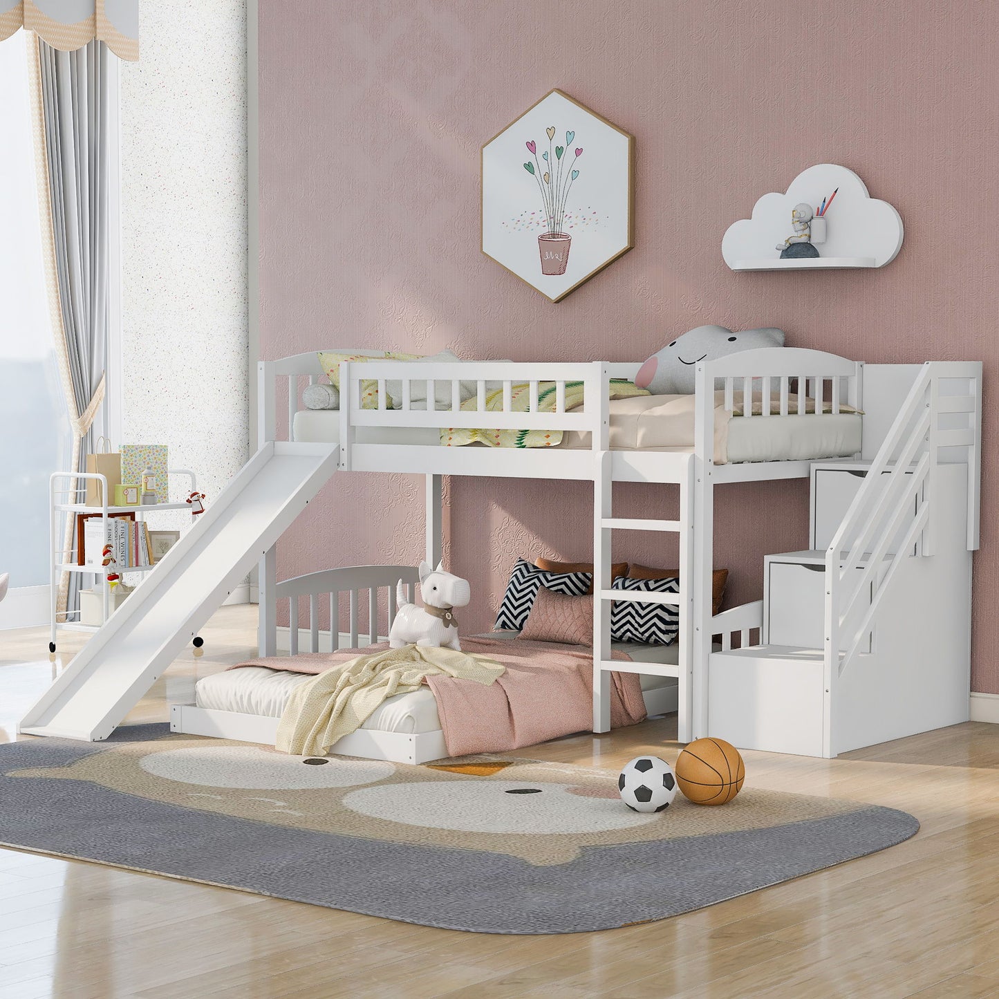 Twin Over Twin Stairway Bunk Bed With Two Drawers And Slide