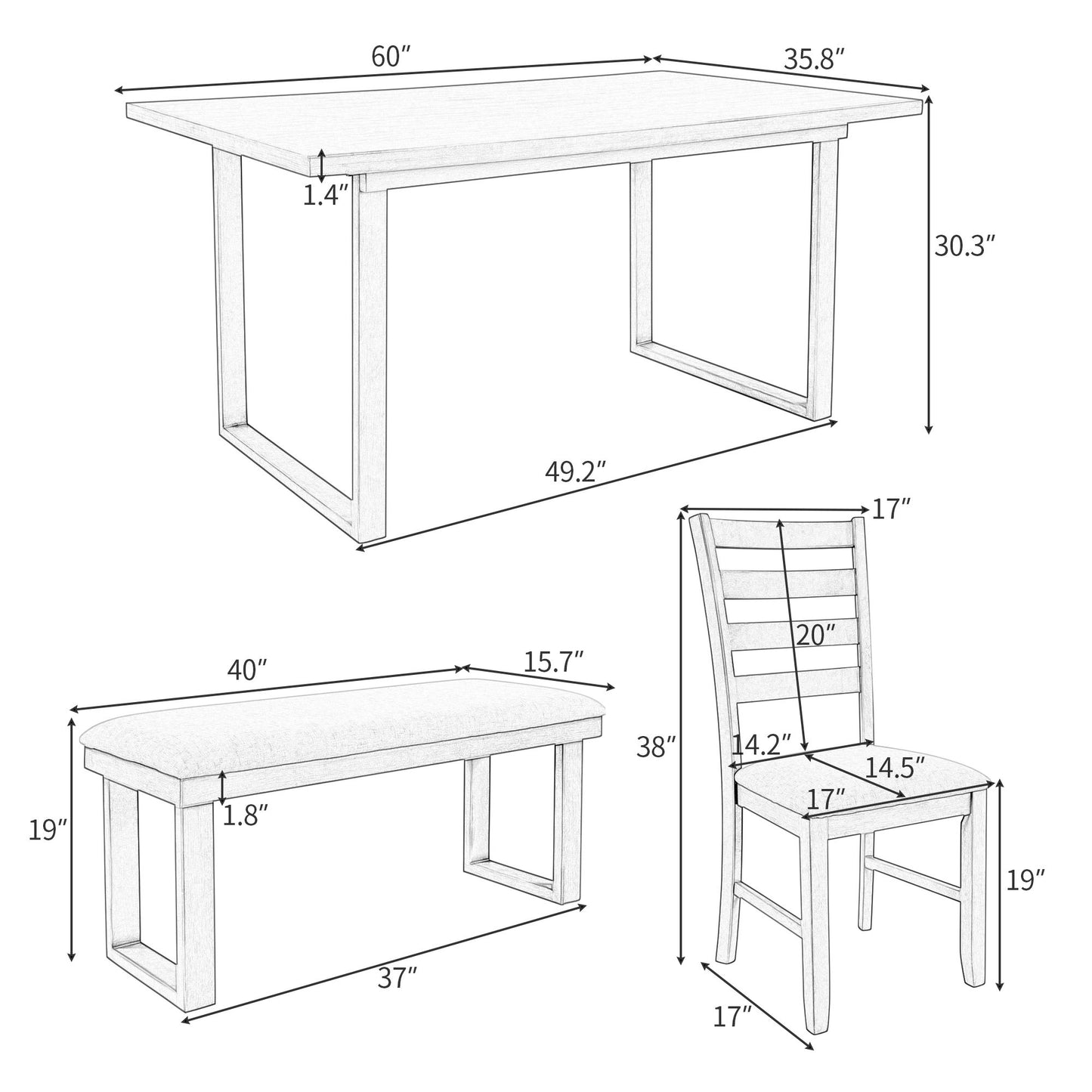 6 Pieces Family Furniture, Solid Wood Dining Room Set With Rectangular Table & 4 Chairs With Bench - Gray