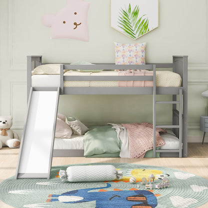 Twin Over Twin Bunk Bed With Slide And Ladder - Gray