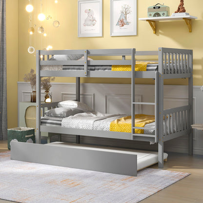 Twin Over Twin Bunk Beds With Trundle, Solid Wood Trundle Bed Frame With Safety Rail And Ladder, Kids / Teens Bedroom, Guest Room Furniture, Can Be Converted Into 2 Beds - Gray