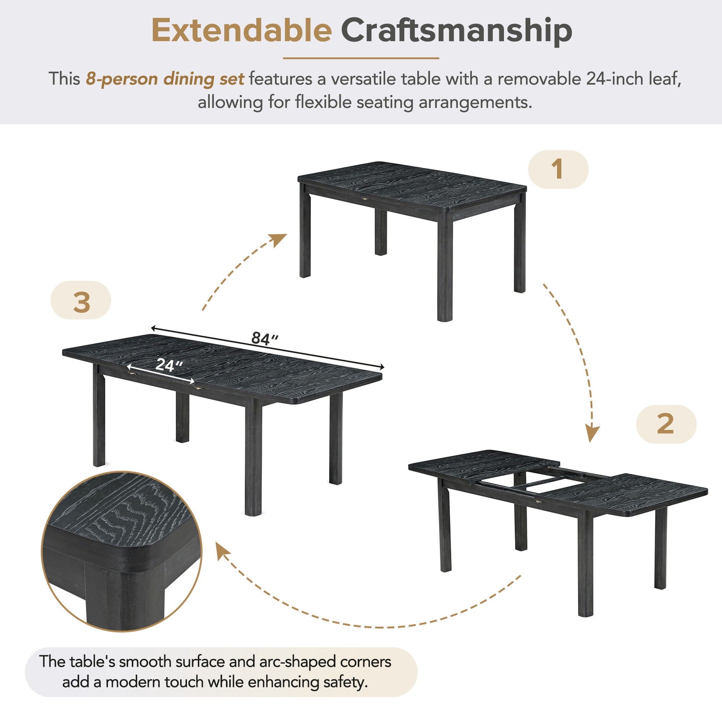 Topmax - Rustic Extendable Dining Table Set With Removable Leaf, 6 Upholstered Armless Dining Chairs And 2 Padded Arm Chairs, 9 Pieces