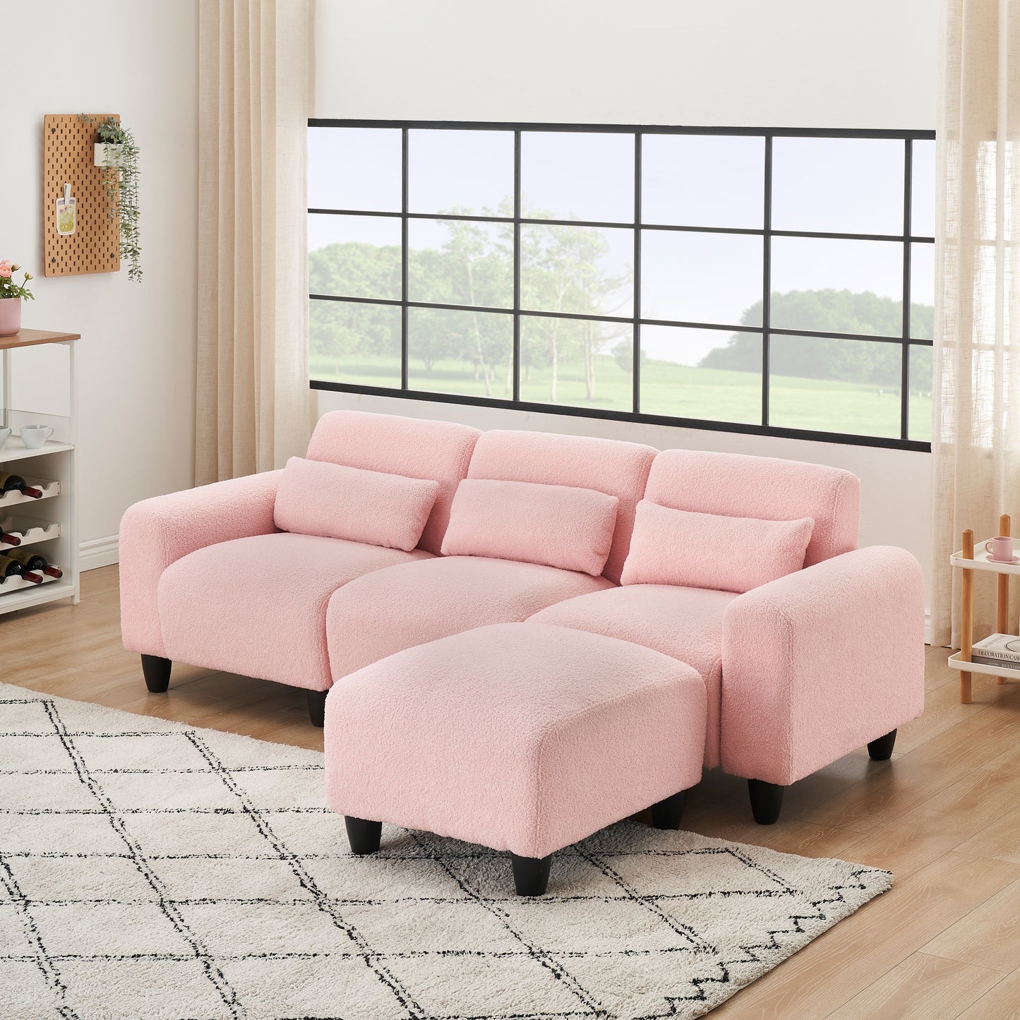 Teddy Fleece Creative Sofa Can Be Assembled Into A Two-Seater Sofa Plus A Single Couch With Three Waist Pillows To Perfectly Stretch Your Waist For Small Apartment Bedroom Spaces