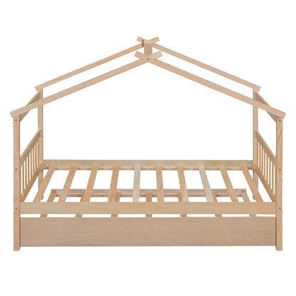 Wooden House Bed With Twin Size Trundle