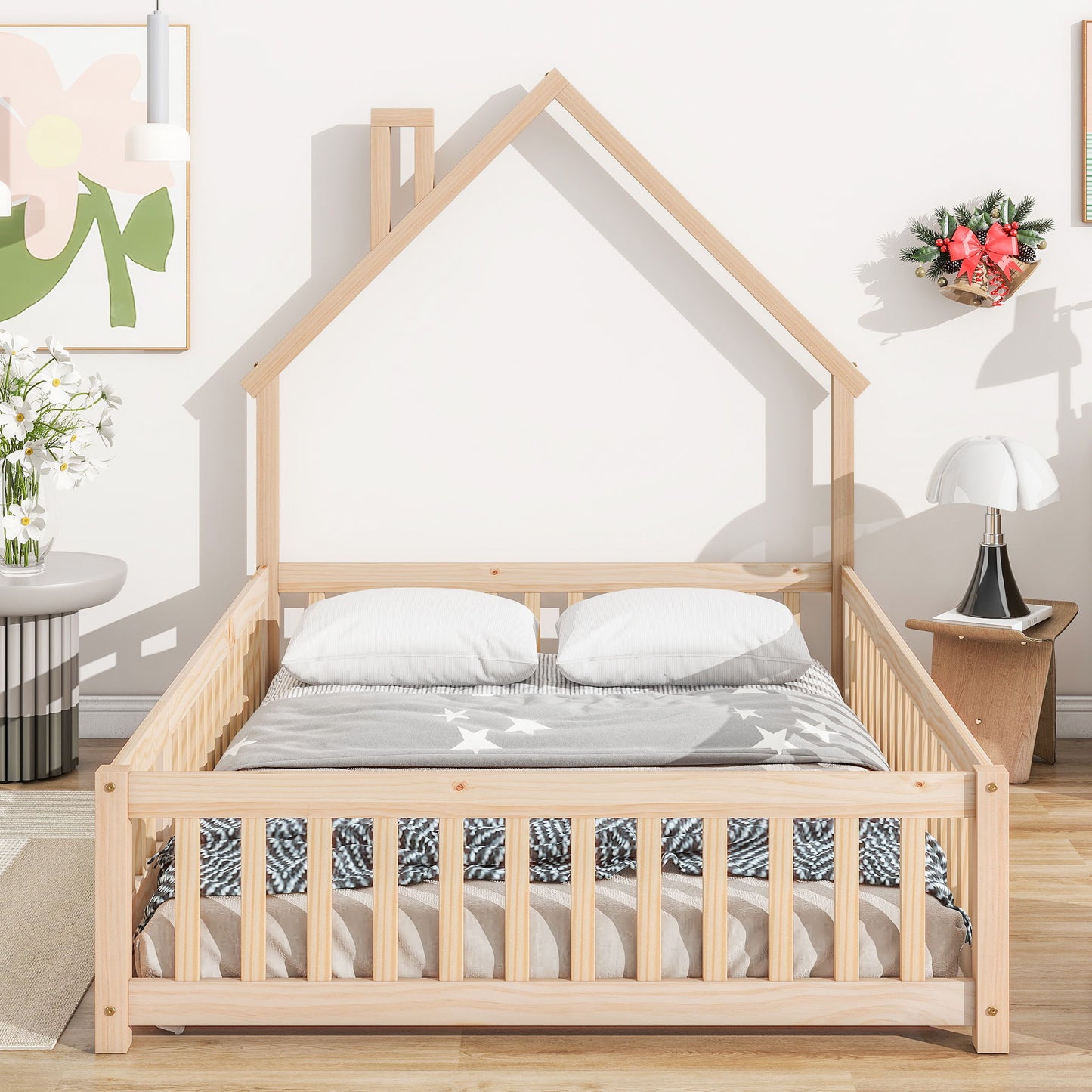 House-Shaped Headboard Floor Bed With Fence