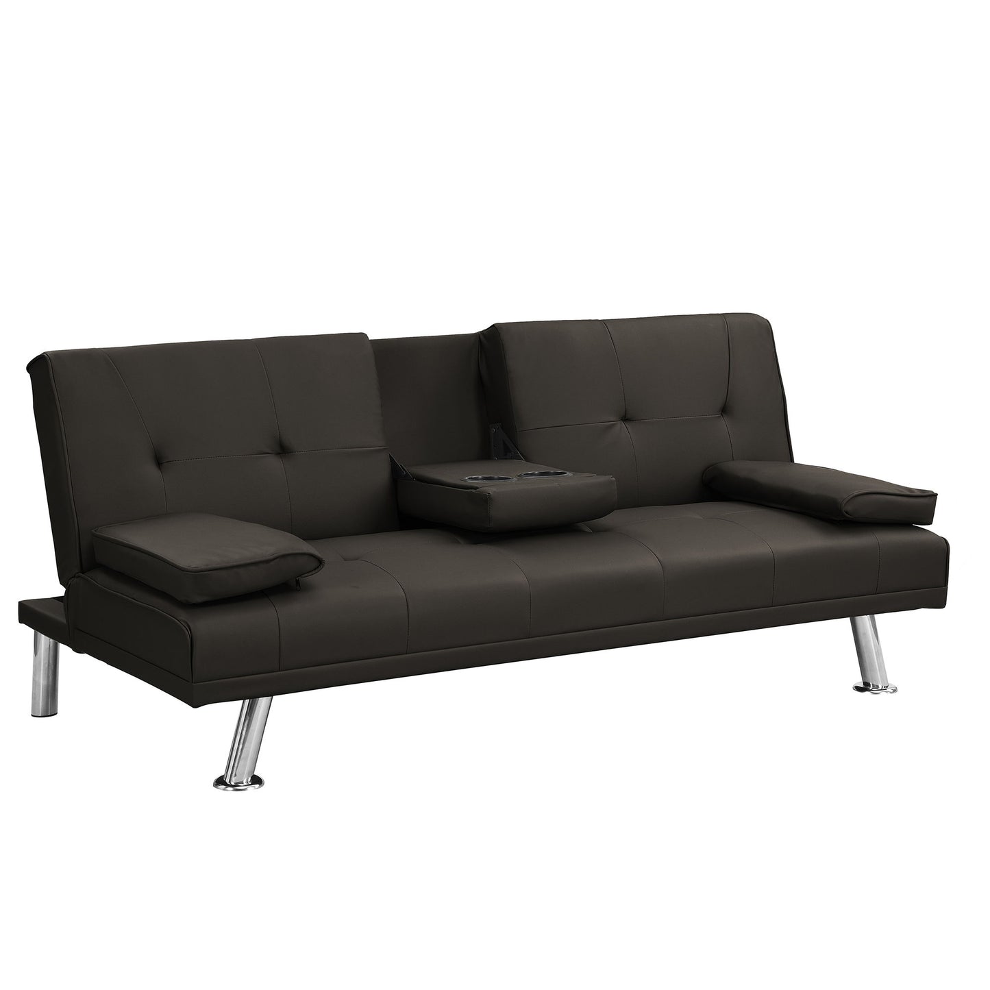 Sofa Bed With Armrest Two Holders Wood Frame, Stainless Leg Futon