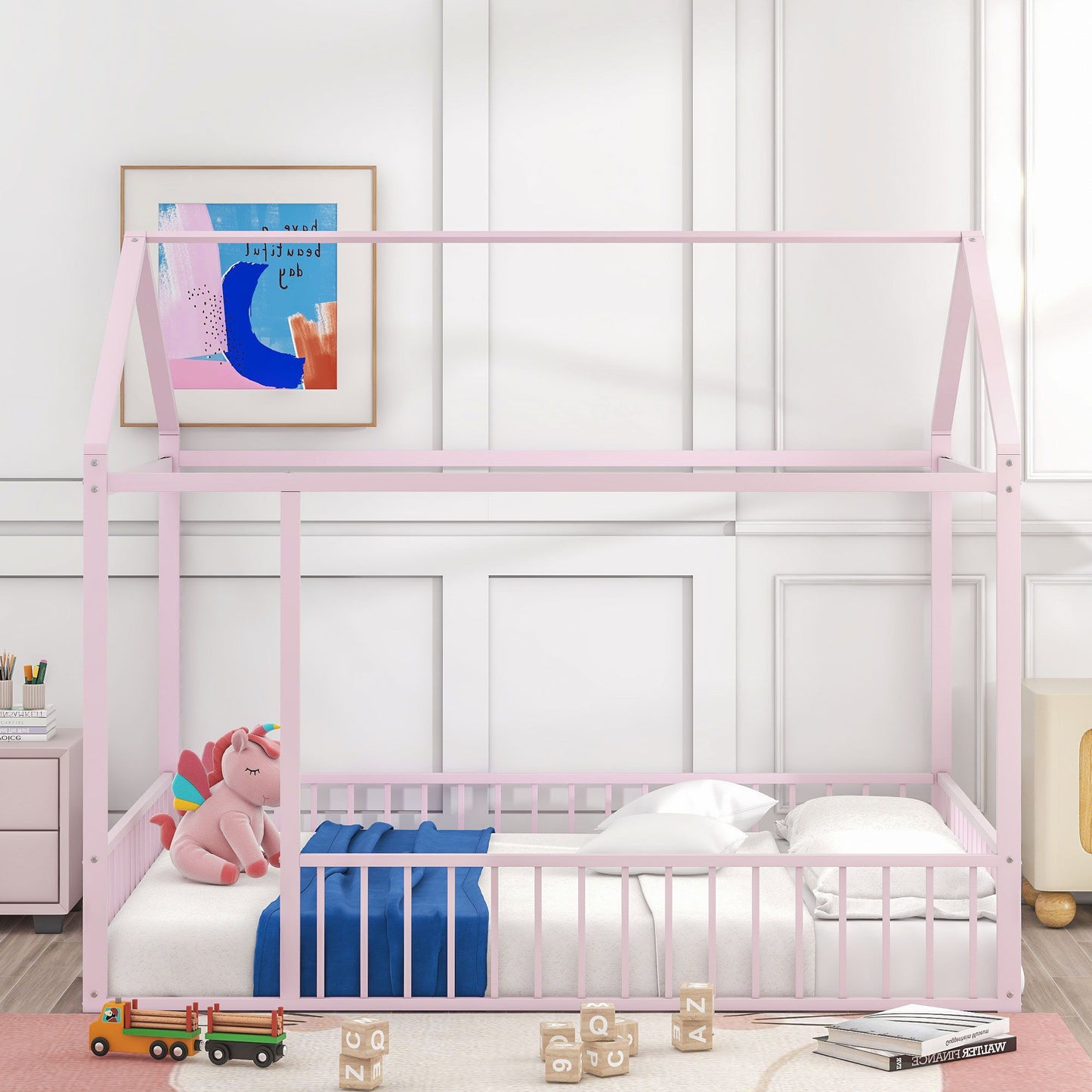 Metal Bed House Bed Frame With Fence, For Kids, Teens, Girls, Boys