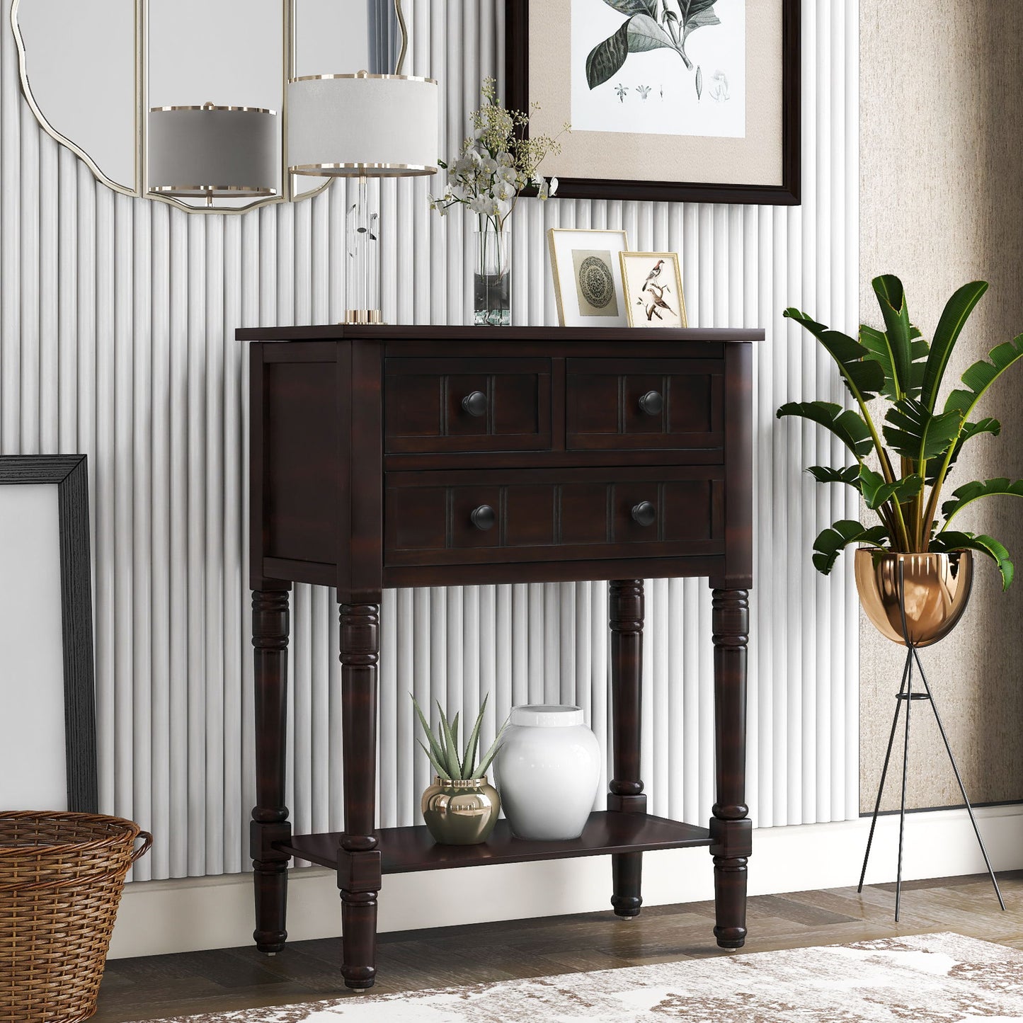 Narrow Console Table, Slim Sofa Table With Three Storage Drawers And Bottom Shelf