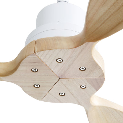 Wooden Ceiling Fan White 3 Solid Wood Blades Remote Control Reversible Dc Motor Without Light - Light Brown / White