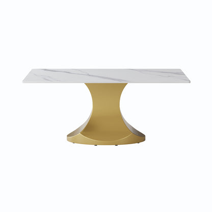 70.84" Modern Artificial Stone Panel Golden Stainless Steel Curved Legs, Can Accommodate 6-8 People - White / Gold