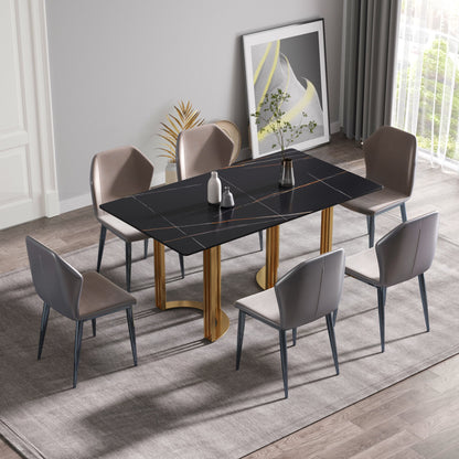 63" Modern Artificial Stone Black Straight Edge Golden Metal Leg Dining Table, 6 People - Black