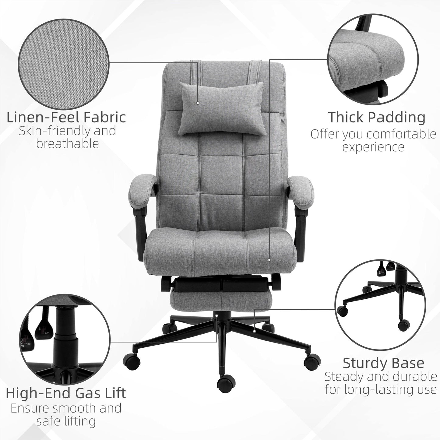 Vinsetto - Executive Linen-Feel Fabric Office Chair High Back Swivel Task Chair With Adjustable Height Upholstered Retractable Footrest, Headrest And Padded Armrest - Light Gray