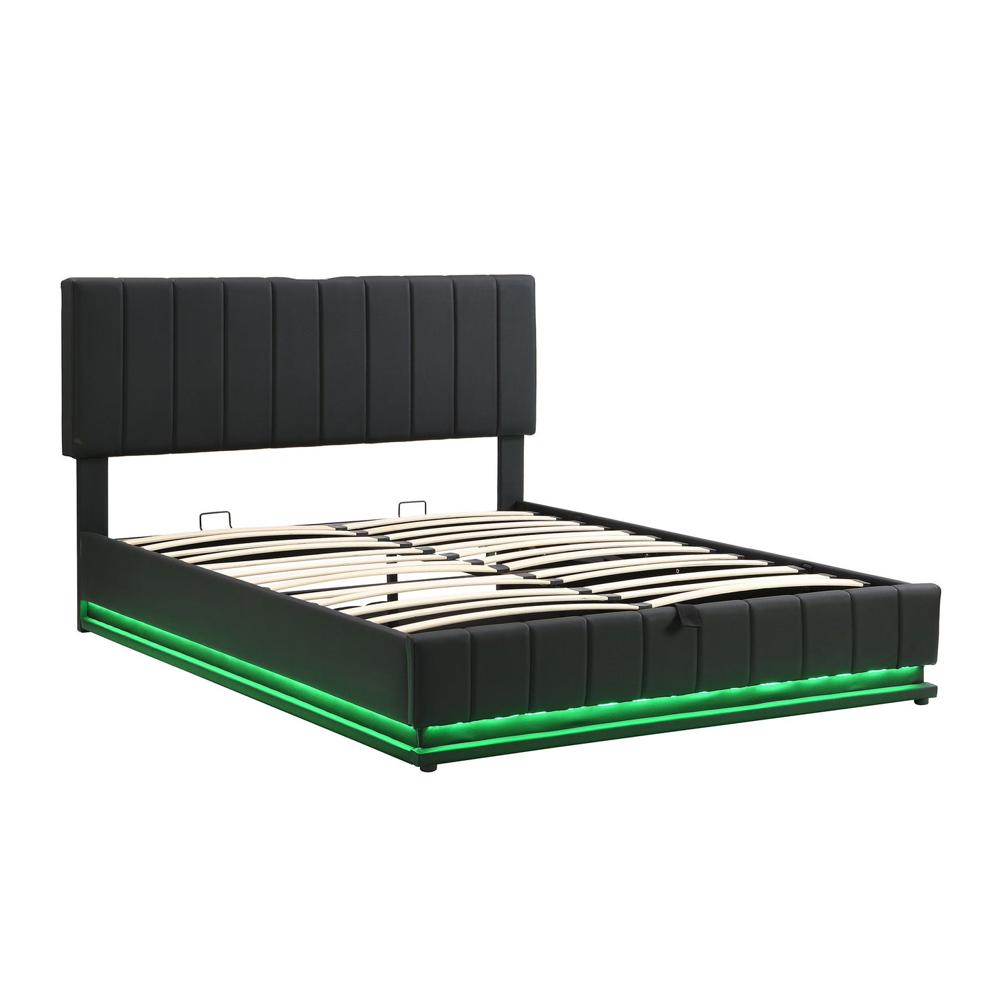 Queen Size Upholstered Bed With Hydraulic Storage System And LED Light, Modern Platform Bed With Sockets And USB Ports