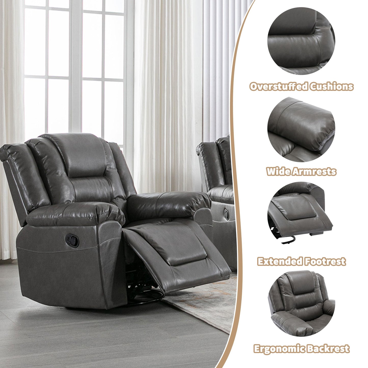 3 Seater Home Theater Recliner Manual Recliner Chair With Two Built-In Cup Holders For Living Room