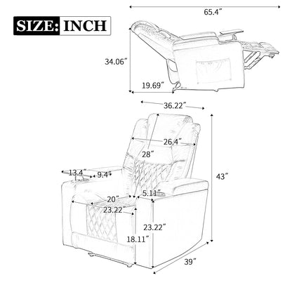 Power Motion Recliner With USB Charging Port And Hidden Arm Storage, Home Theater Seating With 2 Convenient Cup Holders Design And 360 Degree Swivel Tray Table