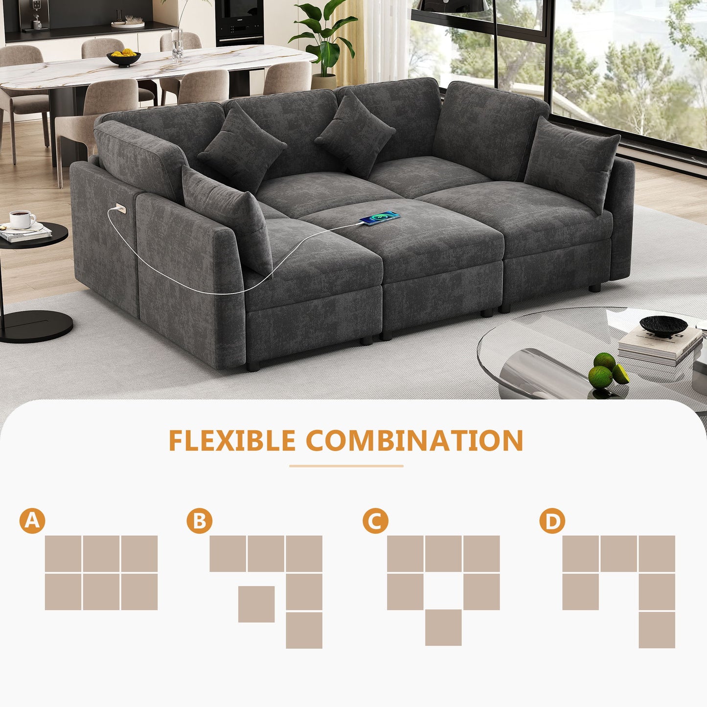 Sectional Sofa Modular Sofa U - Shaped Sofa Couch Sofa Bed L - Shaped Sofa With A Movable Ottoman And Two USB Ports For Living Room