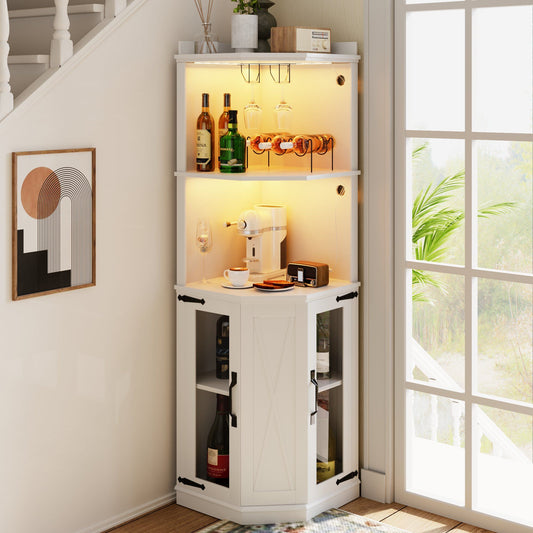 Corner Bar Cabinet With Power Outlet, Farmhouse Wine Bar Cabinet With Adjustable Shelves For Home, With Lights & Glass Rack For Dining Room, Living Room, Kitchen - White