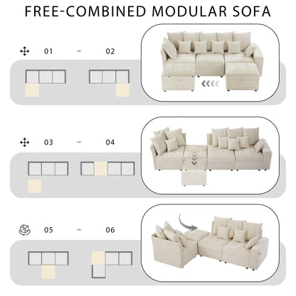 Sectional Sofa Modular Sofa Couch With Three USB Ports, A Removable Storage Ottoman And Five Back Pillows For Living Room