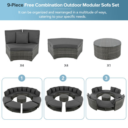 Outdoor Patio Furniture Luxury Circular Sofa Set Rattan Wicker Sectional Sofa Lounge Set With Tempered Glass Coffee Table, 6 Pillows