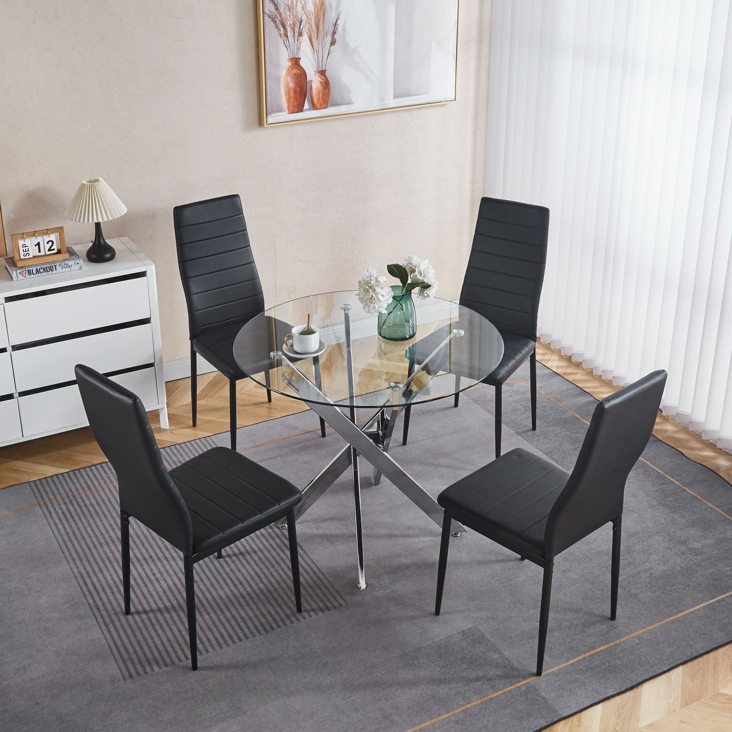 5 Pieces Dining Set, Table Metal Leg Mid-Century Dining Table For 4 - 6 People With Glass Table Top, Pedestal Dining Table