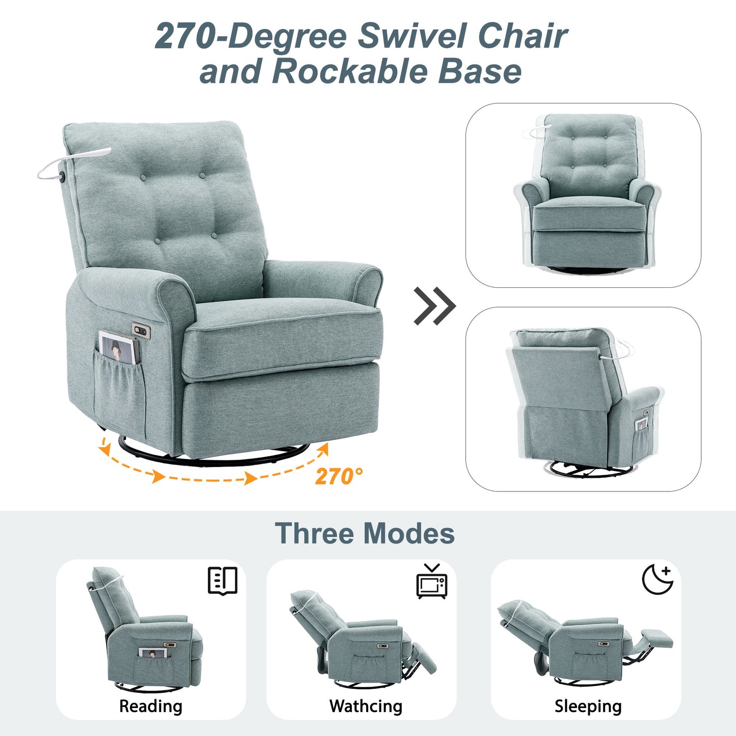 Reclining Chair 270 Degree Swivel Recliner Chairs With USB Port, Side Pocket And Touch Sensitive Lamp For Living Room, Bedroom