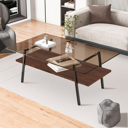 Rectangle Coffee Table, Tempered Glass Tabletop With Metal Legs, Modern Table For Living Room - Brown