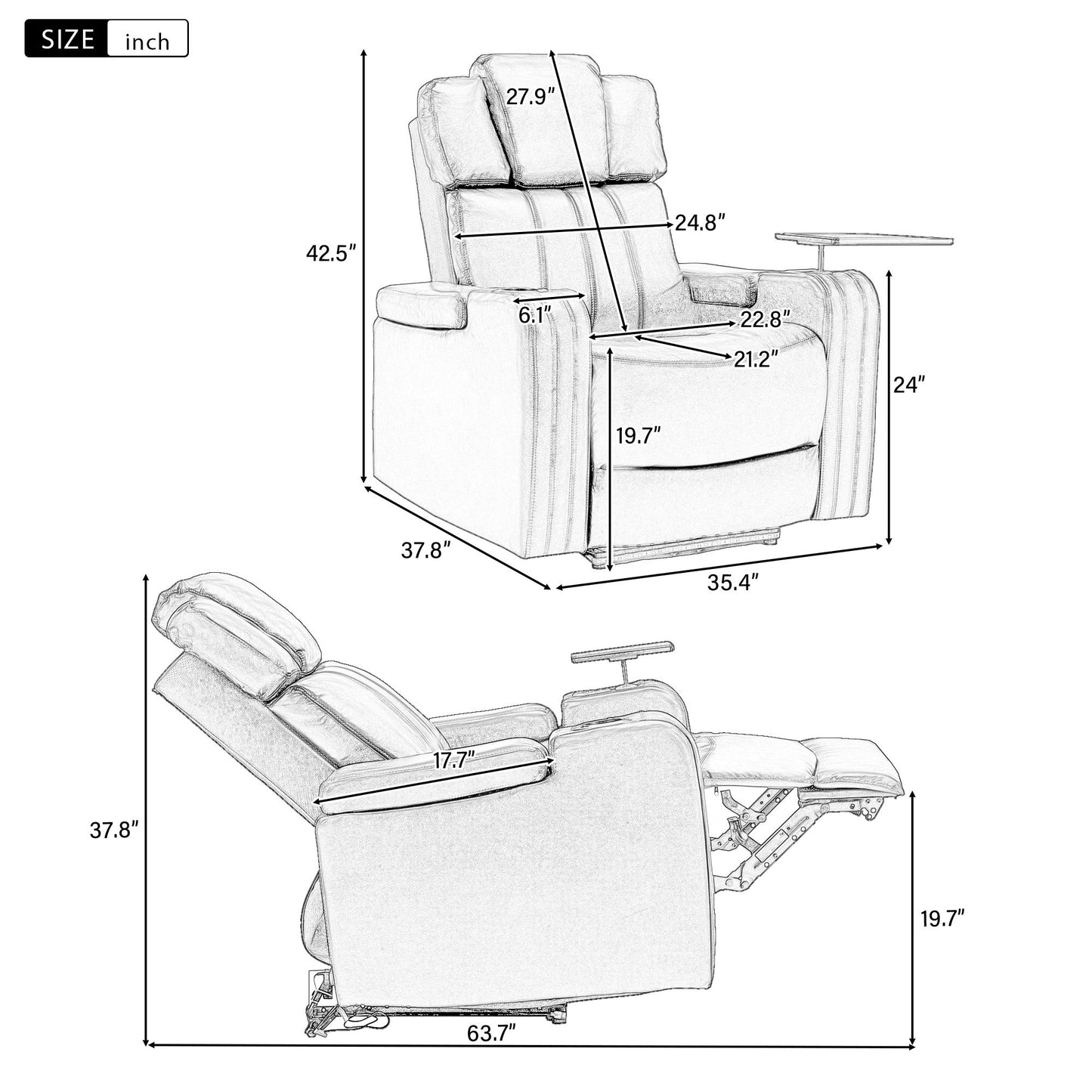 Power Recliner Individual Seat Home Theater Recliner With Cooling Cup Holder - Bluetooth Speaker, Led Lights, USB Ports, Tray Table, Arm Storage For Living Room