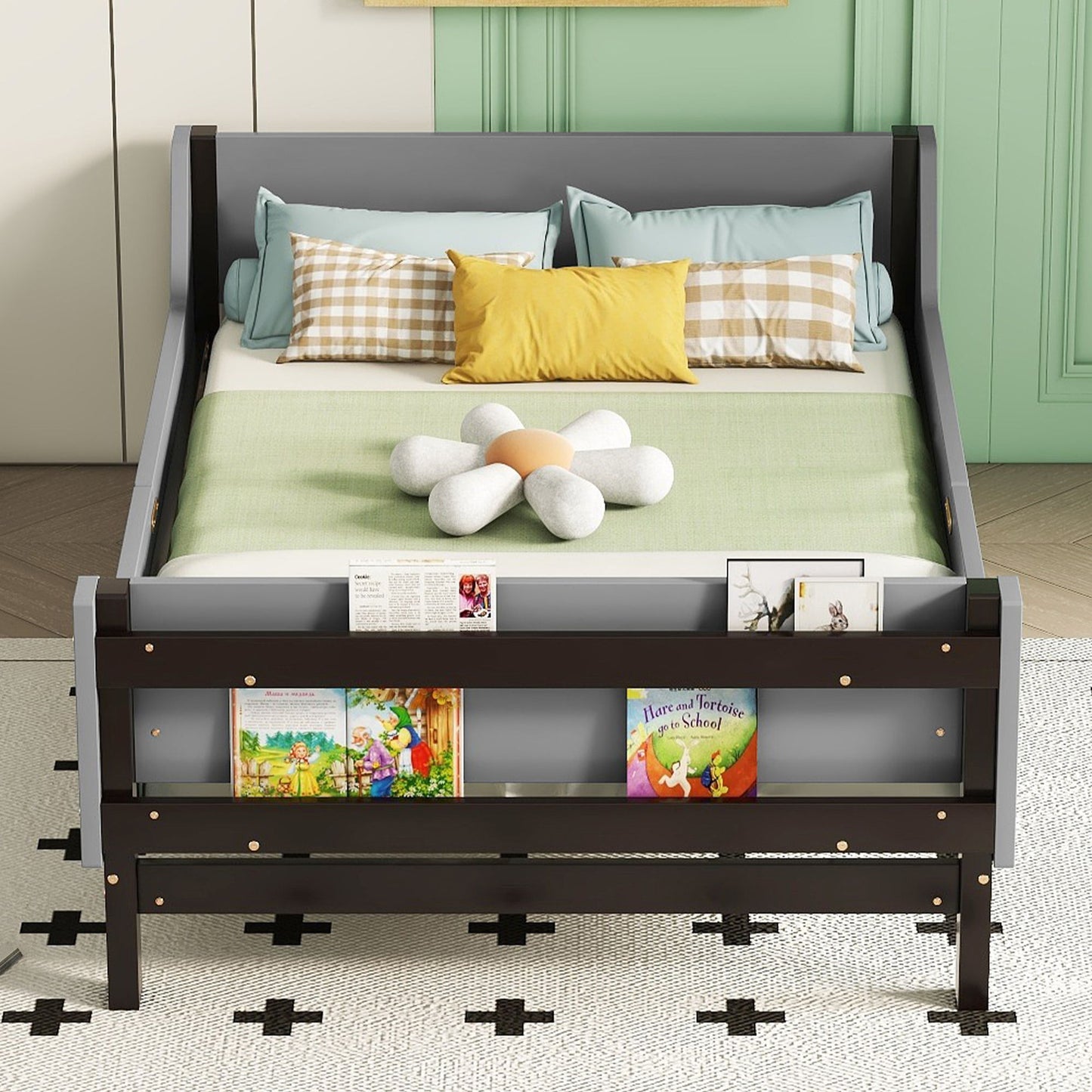 Bed With Headboard, Footboard, Safeguards, Built-In Bed-End Book Storage Rack