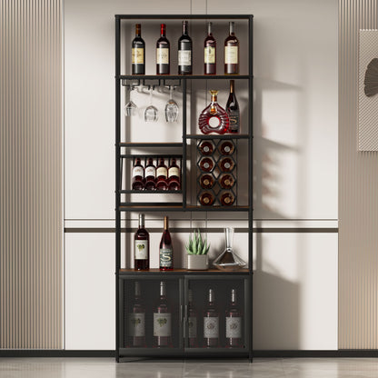 82.7" Industrial Standing Wine Rack With Glass Rack Tall Freestanding Floor Bar Cabinet - Walnut / Black