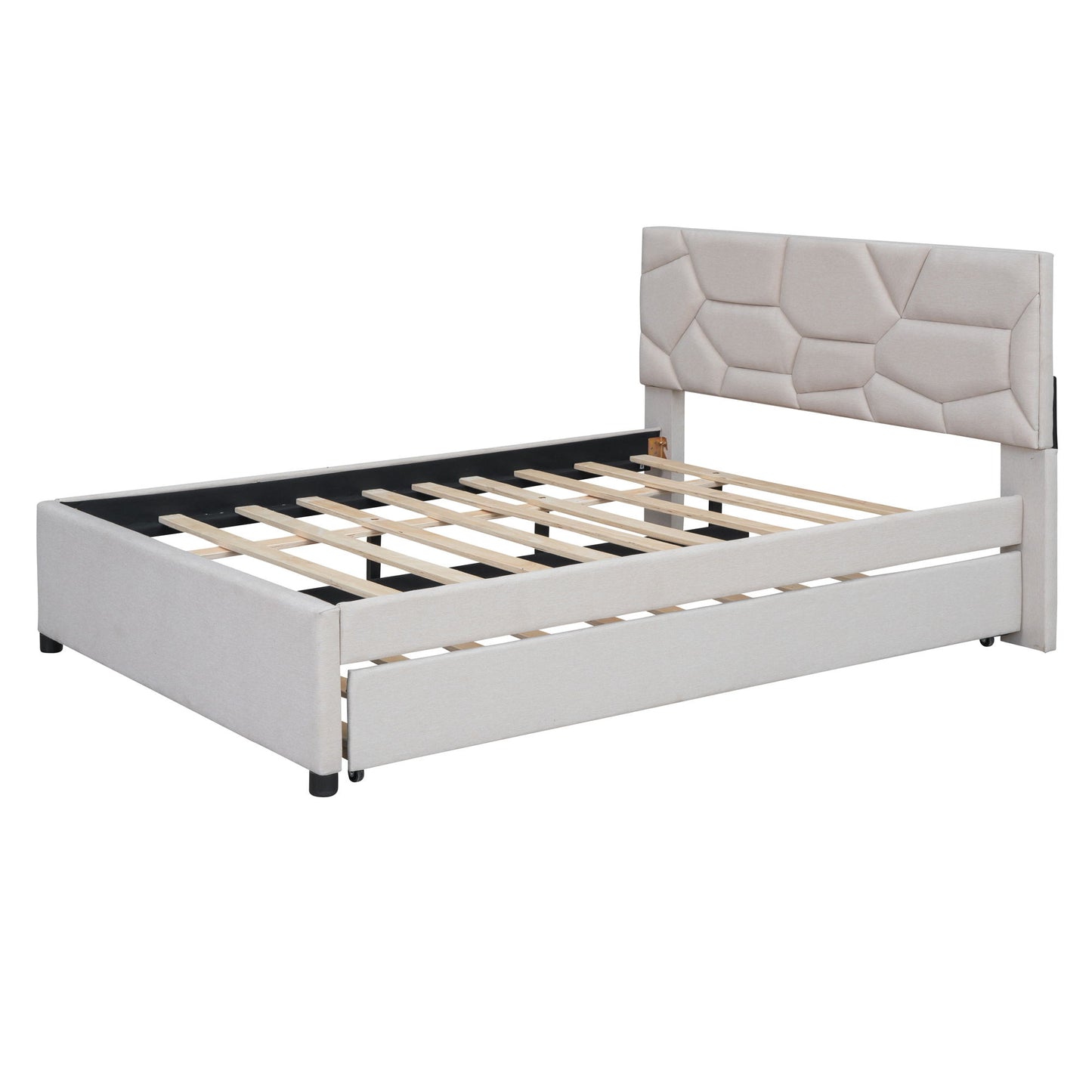 Upholstered Platform Bed With Brick Pattern Headboard And Twin Size Trundle, Linen