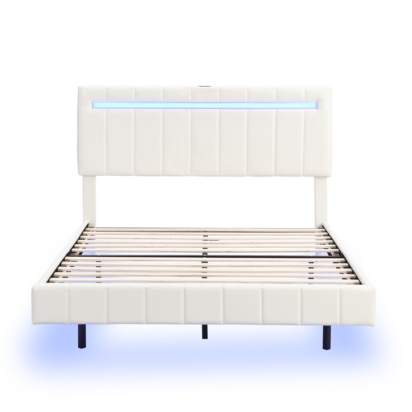 Queen Size Floating Bed Frame With LED Lights And USB Charging, Modern Upholstered Platform LED Bed Frame - White