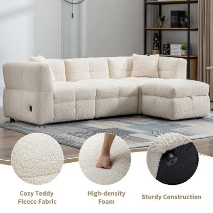 Sectional Sofa Cozy Teddy Fleece Sectional Sofa Couch With Two USB Ports A Movable Storage Ottoman And Two Lumbar Pillows For Living Room