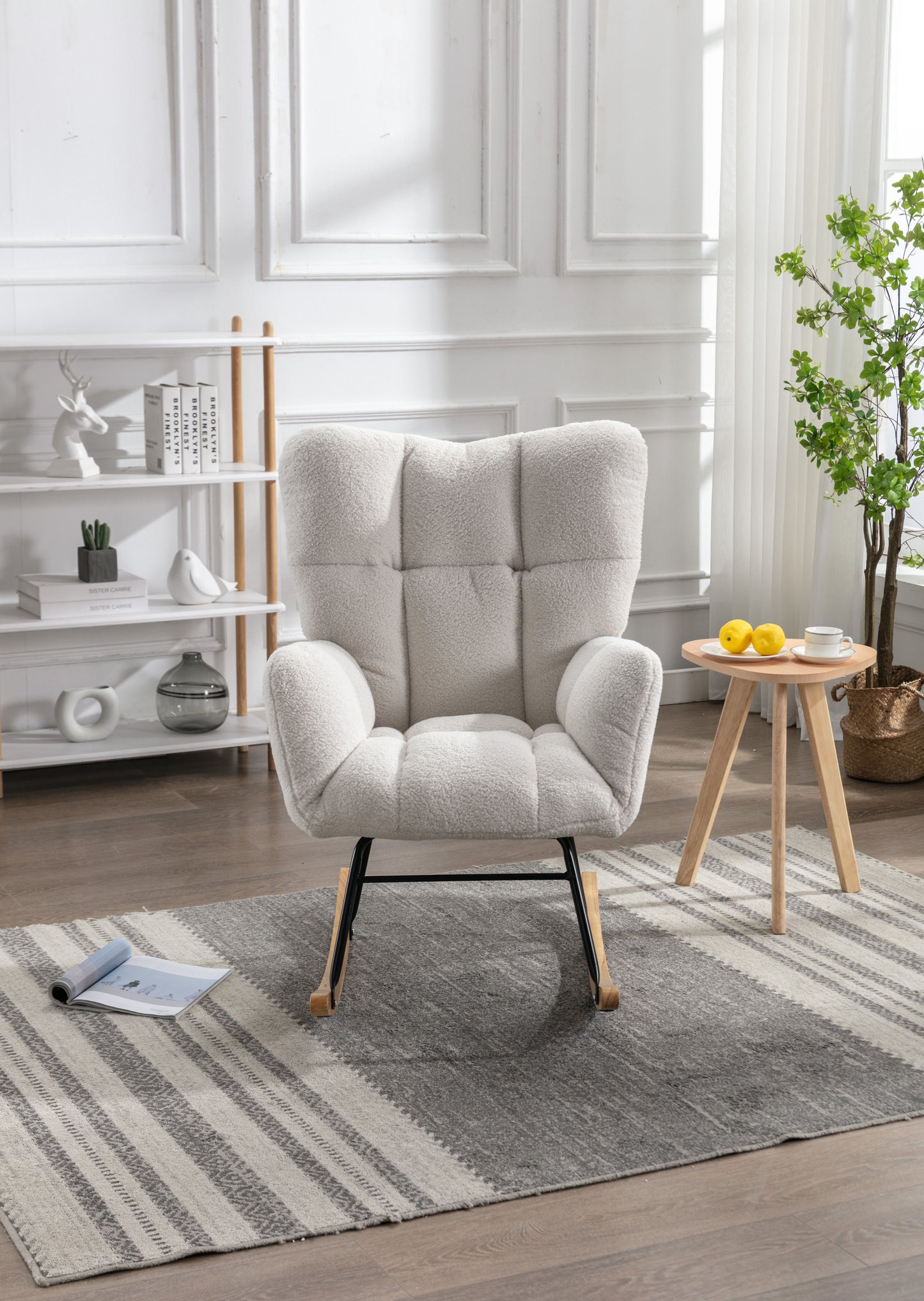 Modern Rocking Chair, Teddy Fabric Chair With High Backrest, Rocking Accent Chairs For Nursery, Living Room, Bedroom - White