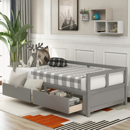 Wooden Daybed With Trundle Bed And Two Storage Drawers, Extendable Bed Daybed, Sofa Bed For Bedroom Living Room