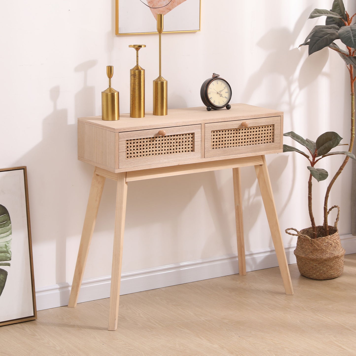 Side Table With Two Real Rattan Drawers, Solid Wood Table Legs, Can Be Used In The Dining Room, Living Room, Bedroom, Entrance