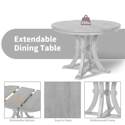 Topmax - 5 Piece Rustic Round Pedestal Extendable Dining Table Set With 15.7" Removable Leaf And Simple Dining Chirs For Small Places