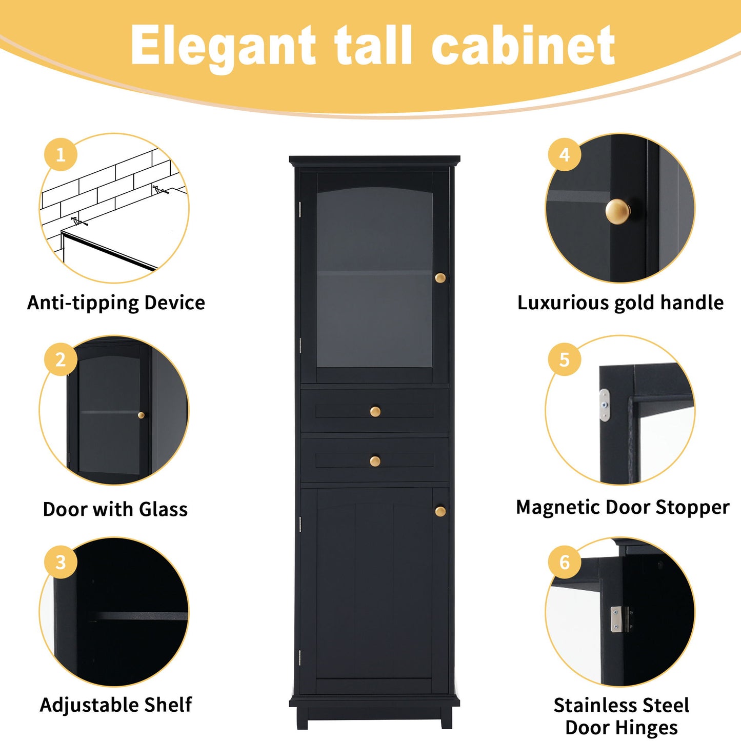 Tall Bathroom Storage Cabinet With Glass Doors, Free-Standing, Two Drawers, And Adjustable Shelves, MDF Board, Painted Perfect For Displaying Your Favorite Items